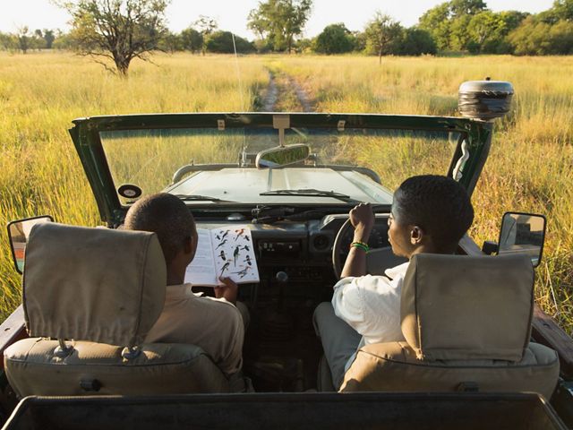 Two safari guides sit in an open-top truck and look at a bird identification book