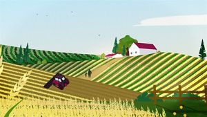 Graphic of a farm with a tractor and people.