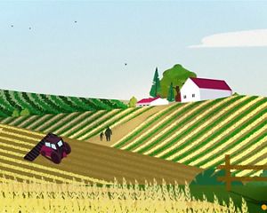 Graphic of a farm with a tractor and people.