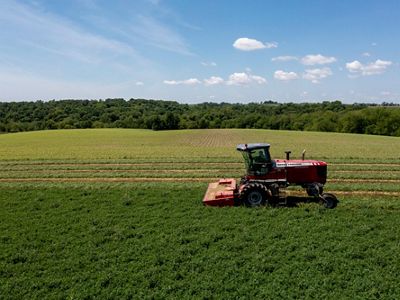 A red tractor moves across a green field, with a forest in the far distance.