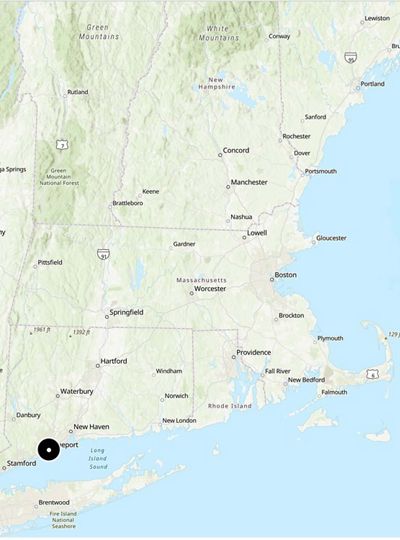 Map showing New England with a dot marking the location of the Housatonic River, Connecticut..