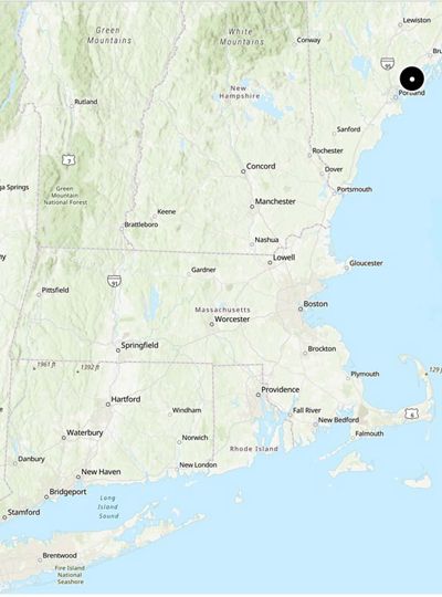 Map showing New England with a dot marking the location of Maquoit Bay, Maine.