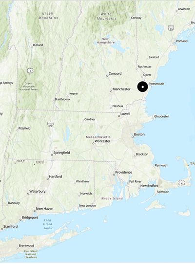 Map showing New England with a dot marking the location of Durham, New Hampshire.