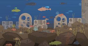 An animation of artificial reefs and fish. 