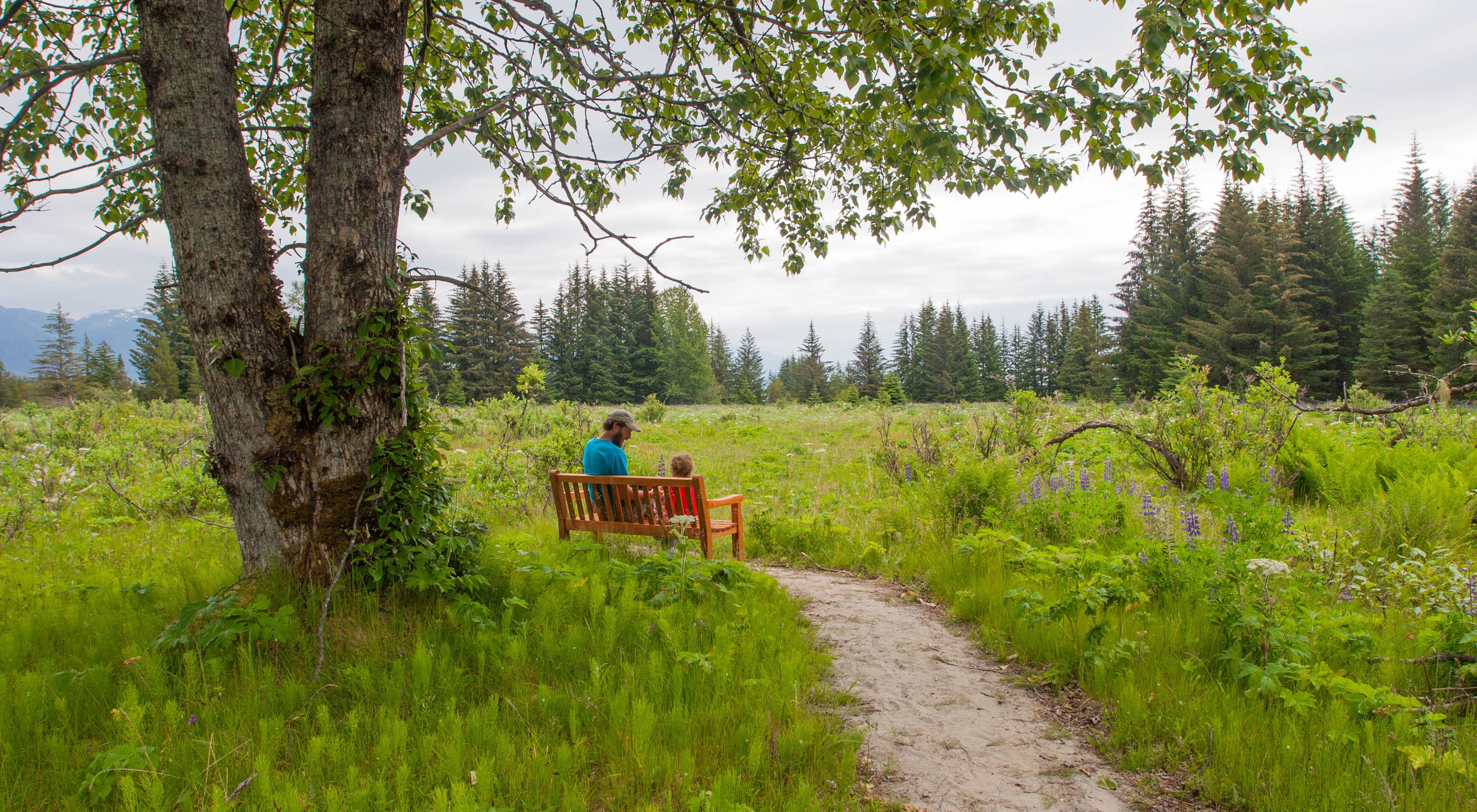 An adult and a child sit on a red bench on a trail in the midst of a large grassy field.