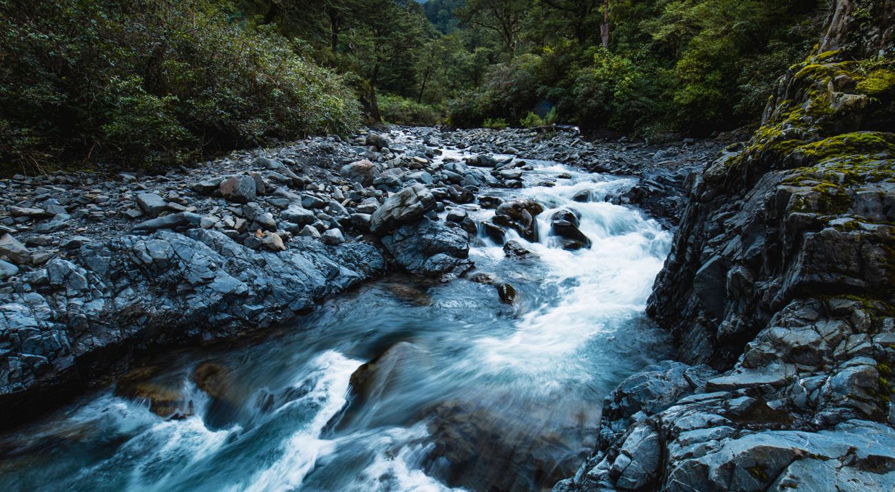 Water rushes over a rocky river bed.
