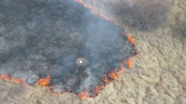 An aerial photograph features a fire crossing a landscape, showing blackened areas where it's already been.
