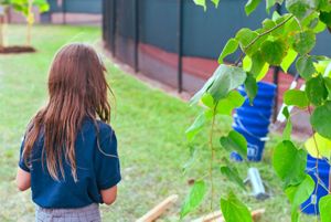 A girl with long brown hair and a green shirt faces away, standing next to a newly planted tree.
