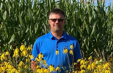 Portrait of Nick Guilette wearing a royal blue shirt and standing in a field with chest-high yellow sunflowers in front of him and tall cornstalks behind him.