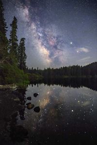 A very still lake at night, surrounded by pine trees, reflects stars and the Milky Way galaxy from above.