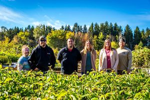 A group of people standing in a sunny outdoor nursery surrounded by rows of young green seedlings with a forest backdrop.