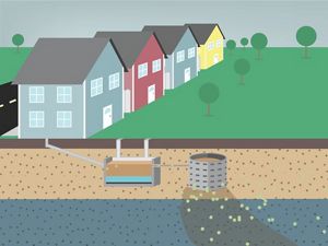 Illustration showing green grass, houses, and a person alongside a body of water into which nitrogen pollution is flowing.