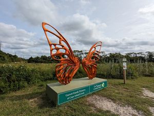 Large orange monarch butterfly statue is situated at the edge of a meadow.