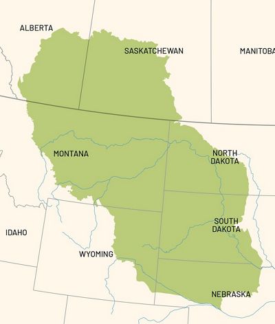 Map of the northern great plains spanning five U.S. states and two Canadian provinces.