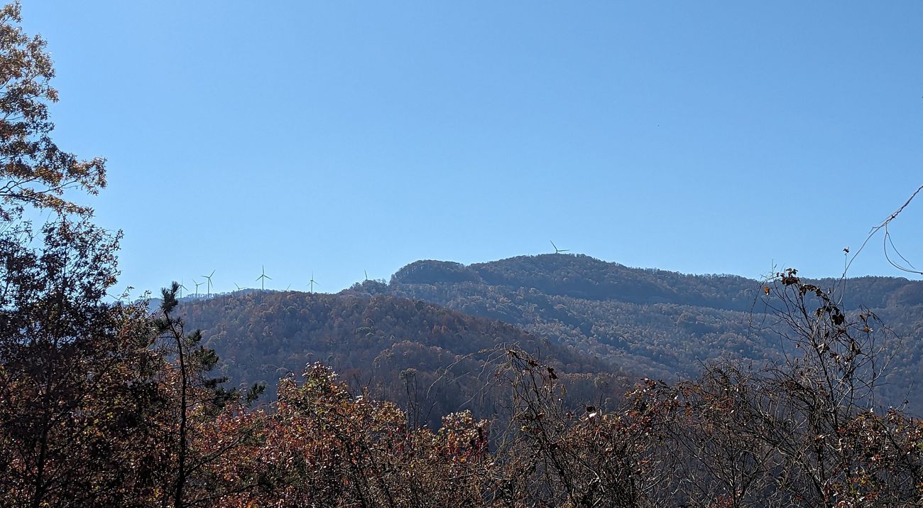 A blue sky frames a forested mountain valley.