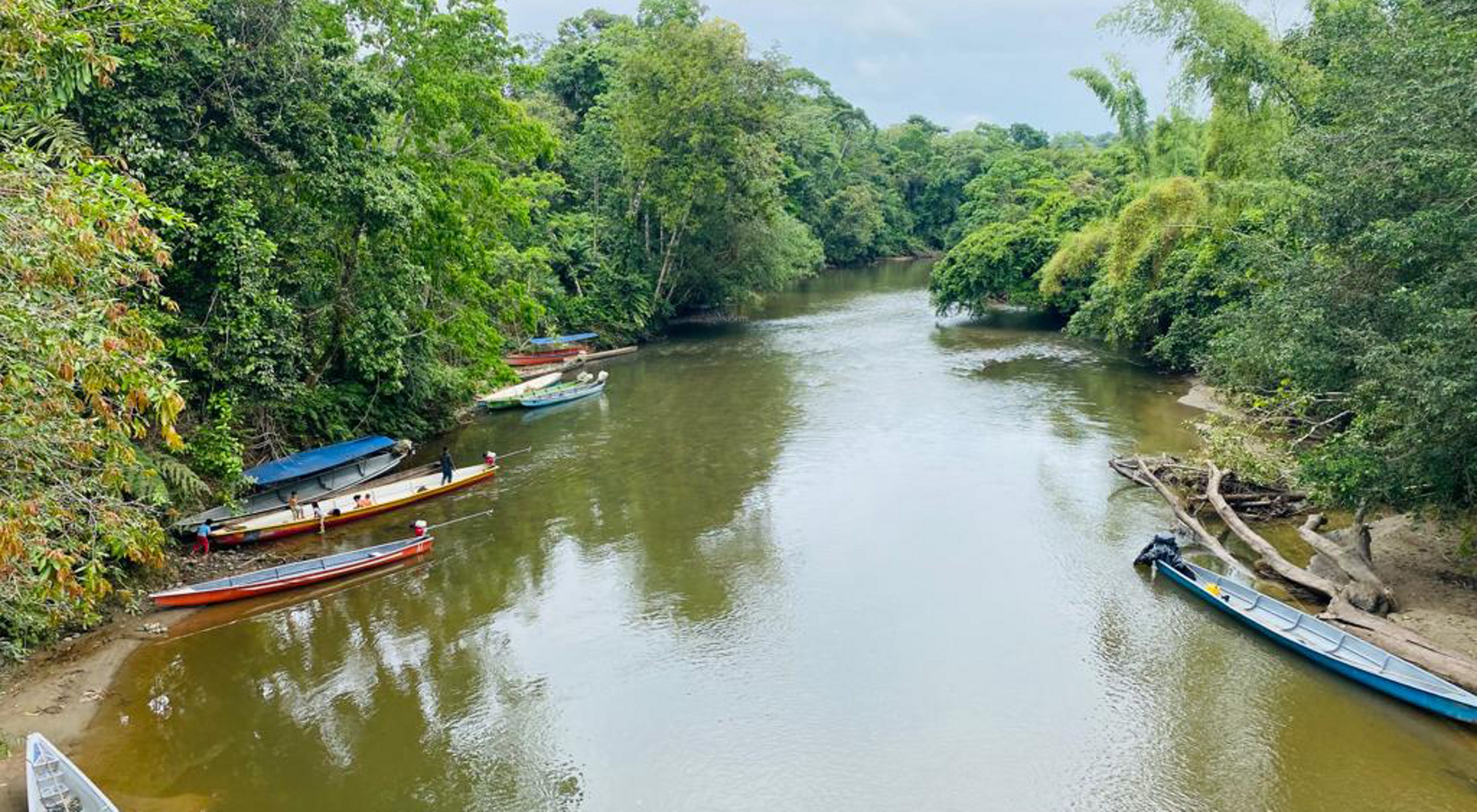 A river with small boats and green trees along both shores.
