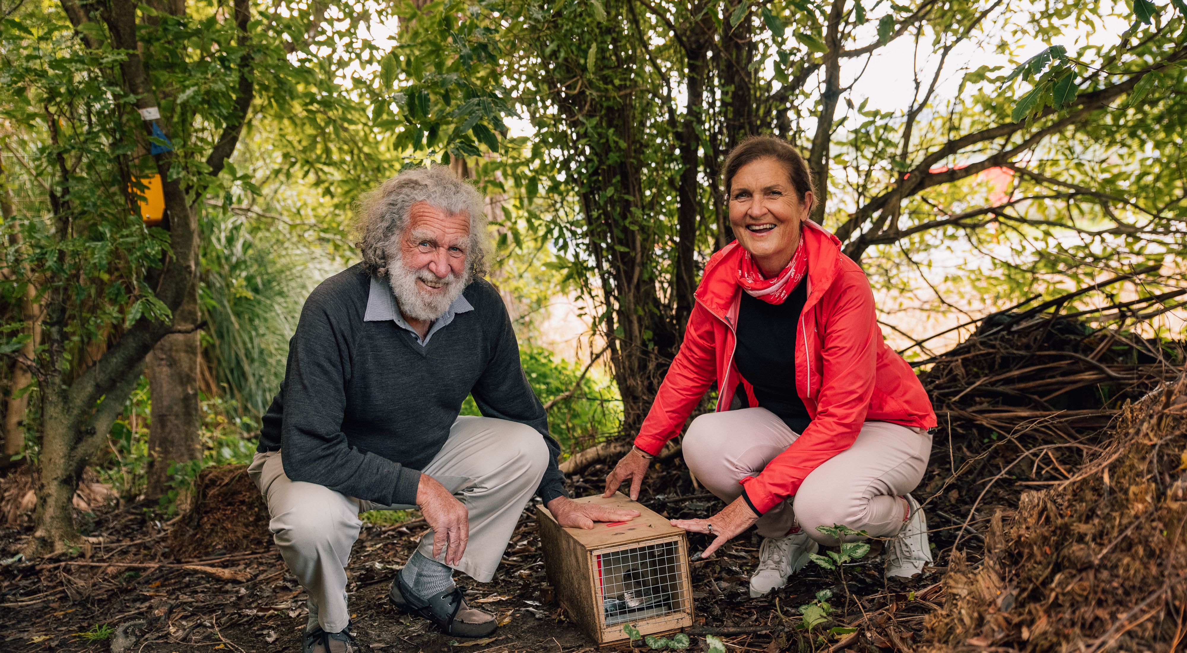 James Wilson and Jill Evans with a humane pest trap