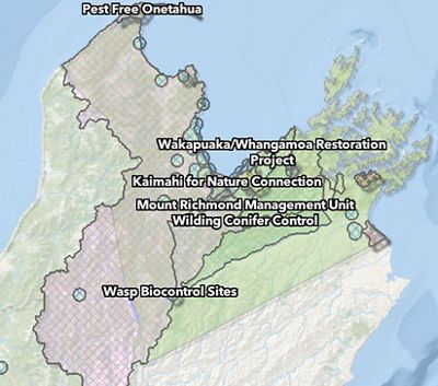 Project map of Kotahitanga mō te Taiao Alliance projects in New Zealand