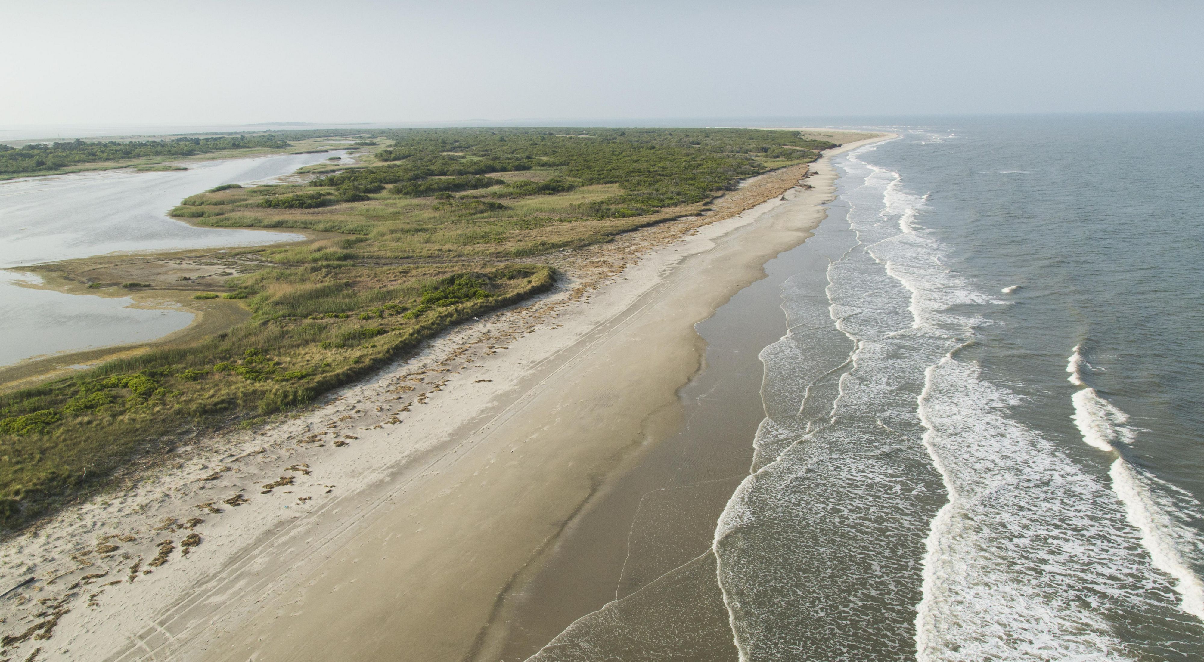 Aerial view of an isolated sandy beach along the coast of Hog Island, South Carolina.