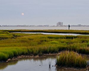 View of the Ocean City skyline. The buildings line the skyline in the distance across an open body of water. Green marshes cut by meandering channels of water are in the foreground.