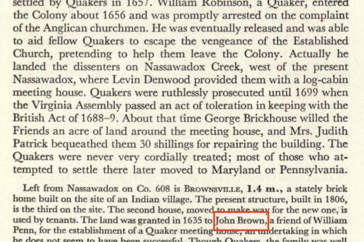 Excerpt from a book detailing the early history and notable locations on Virginia's Eastern Shore, including what it now Brownsville Preserve.