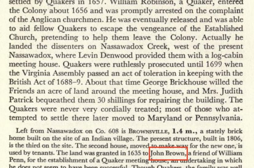 Excerpt from a book detailing the early history and notable locations on Virginia's Eastern Shore, including what it now Brownsville Preserve.