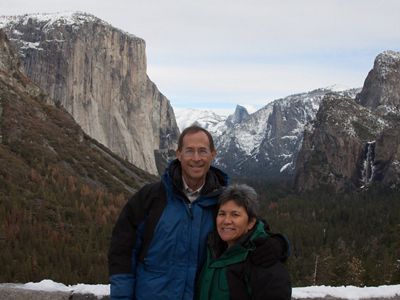 Charlene Kabcenell in front of a snow covered mountain.