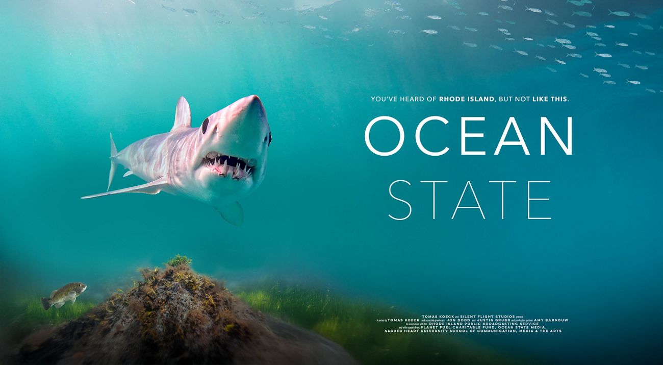 This is a movie poster with a large shark swimming toward the foreground with the words Ocean State in white text to the right of the shark against a teal blue backdrop.