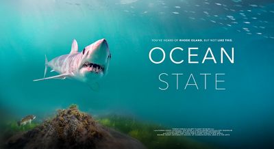 A horizontal movie poster with a large, sharp-toothed shark at left and the words ocean state at right in large block letters.