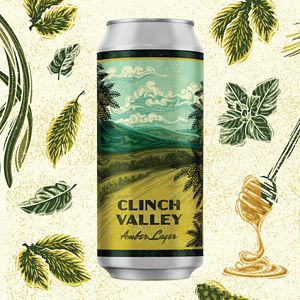 A beer car surrounded by line drawings of red spruce tips. The can label reads Clinch Valley Amber Lager and shows an illustration of an open meadow and mountain ridges lining the horizon.