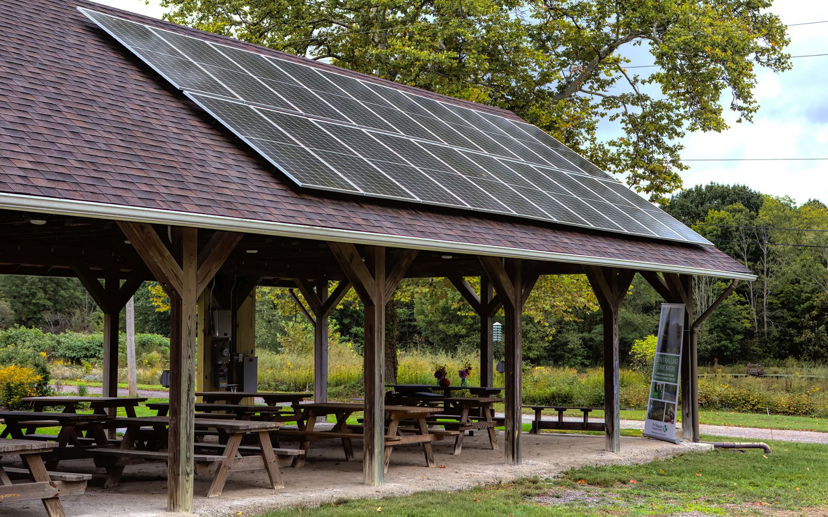 a picnic shelter outfitted with solar panels.