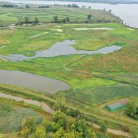 An aerial view of green ground between small bodies of water that make up the coastal wetlands along the shoreline of Sandusky Bay. 
