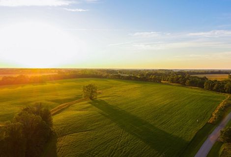Aerial view of farm at sunrise.