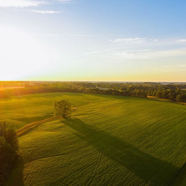 Aerial view of farm at sunrise.