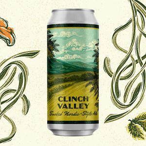 A beer can surrounded by line drawings of red spruce tips. The can label reads Clinch Valley Amber Lager and shows an illustration of an open meadow and mountain ridges lining the horizon.