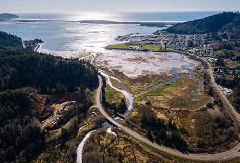 Overview of coast and estuary in Tillamook, OR