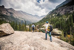 hiking up to Mills Lake in Rocky Mountain National Park, Colorado, to go fly fishing.