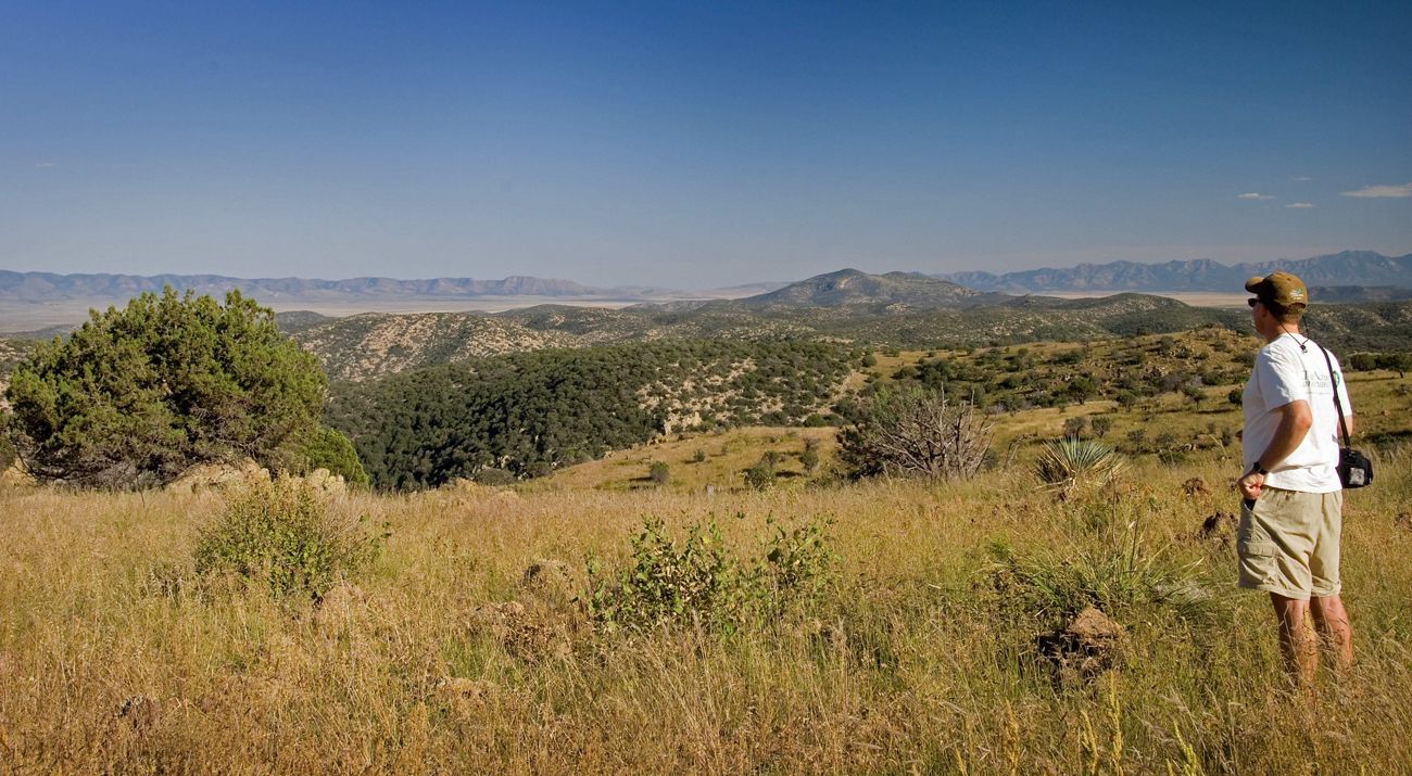 A man wearing a hat, sunglasses, and shorts looks out over a rugged and arid desert landscape with mountains in the distance.