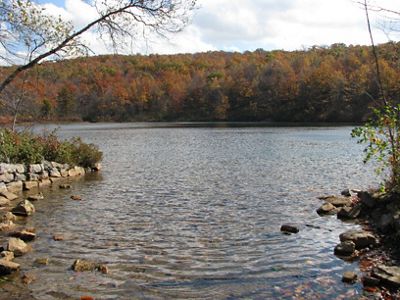 A view of a. body of water surrounded by rocks and a treeline.