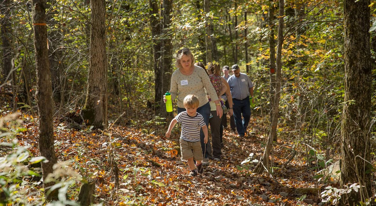 Led by a child, three people hike up a leafy trail surrounded by forest.