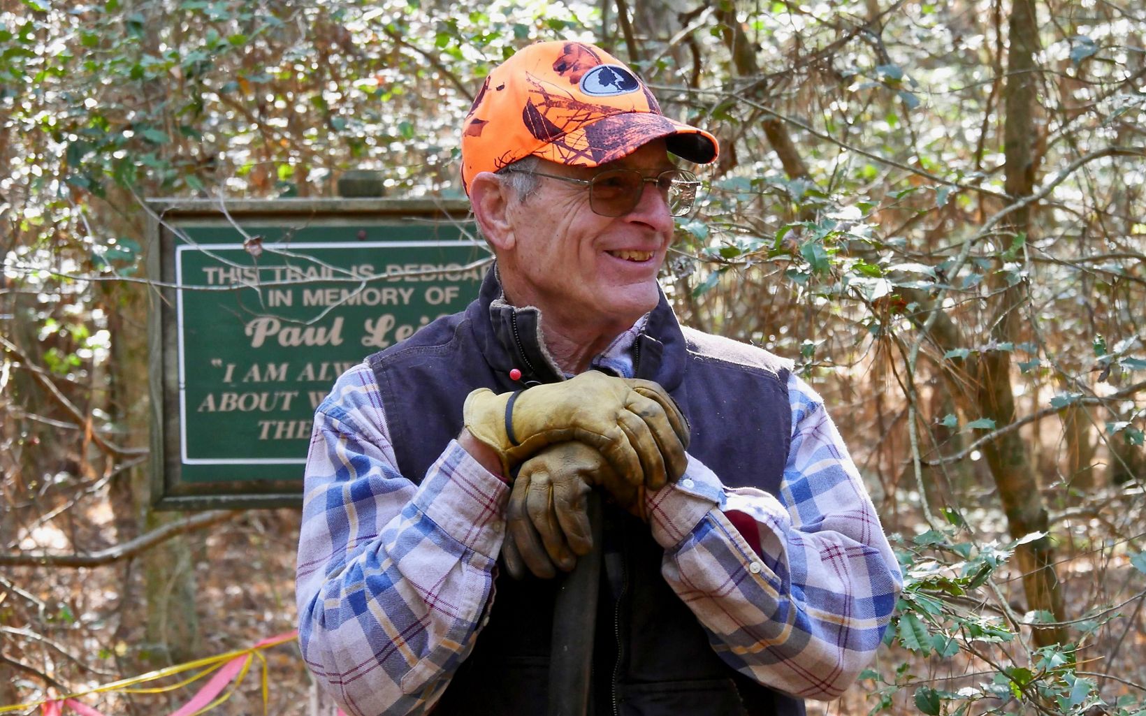 George Parker, Nassawango Stewardship Committee Chairman, on the Leifer Trail during a preserve workday.