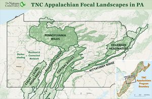 A map of Pennsylvania showing TNC priority landscape areas outlined and highlighted in green.