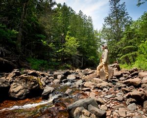 A TNC forester stands on a rocky stream surrounded by green trees.