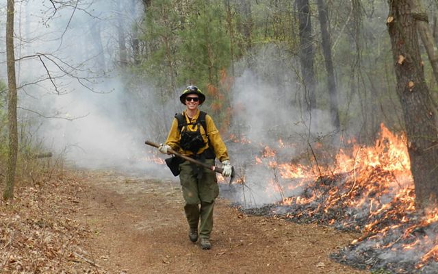 Natasha Whetzel in yellow fire gear walks through a field with small flames and smoke around the perimeter. 