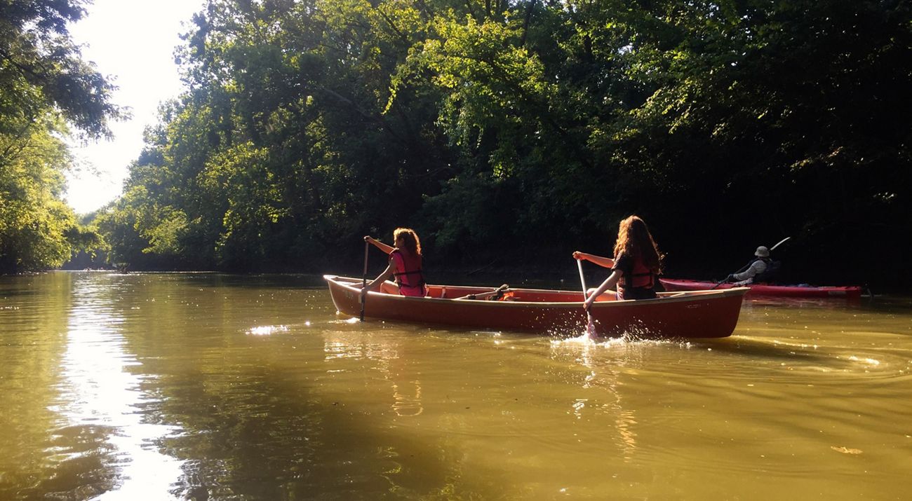A kayak and a canoe paddling on a muddy tree-lined river.