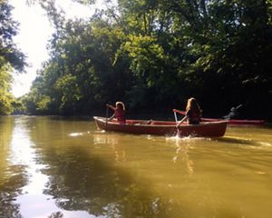 Two women paddling in a canoe on a muddy, tree-lined river.