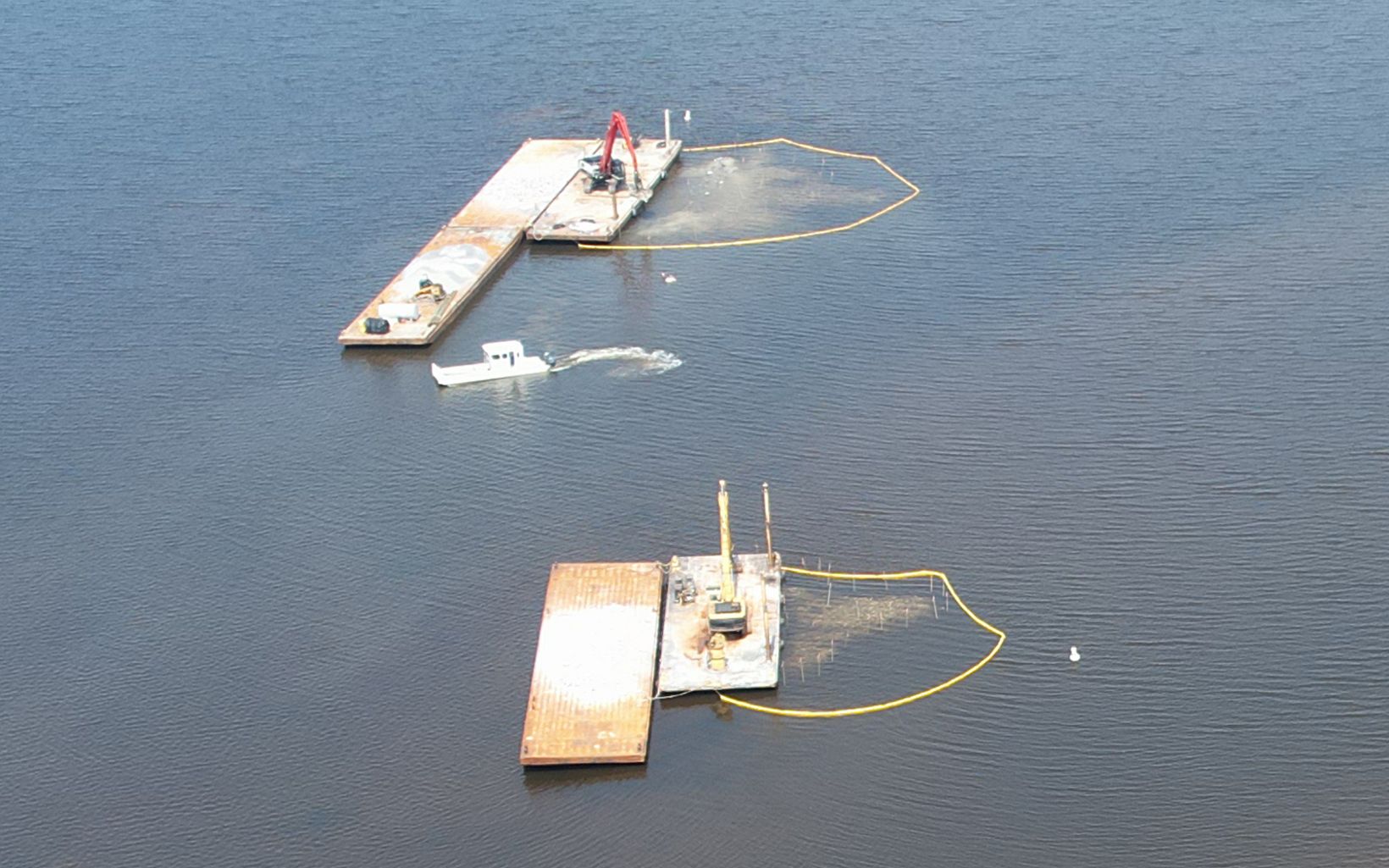 Aerial view of two oyster reefs under construction.
