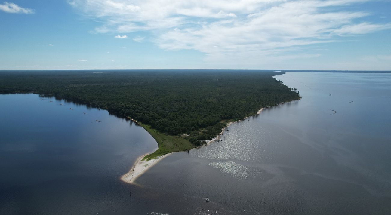 Aerial view of newly-constructed oyster reefs in Pensacola Bay in Santa Rosa County, Florida.