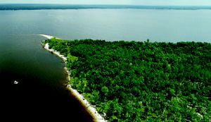 an aerial view of Escribano Point shoreline in Santa Rosa County’s East Bay.
