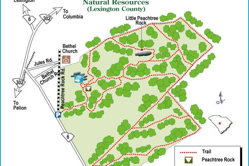 A trail map of a preserve includes red lines to reveal trails and green blobs to identify nature.